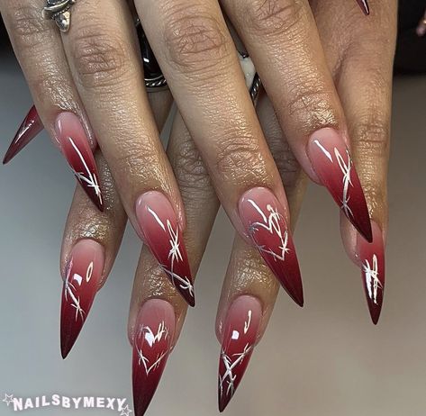 Dark Stilleto Nails Design, Red Nail Designs Classy Almond, Dark Red Almond Nails Designs, Pointy Nail Designs Stilettos, Red And Chrome Nails, Red Stilletos Nails, Stylish Nails Red, Red Airbrush Nails, Dark Red Nails Acrylic