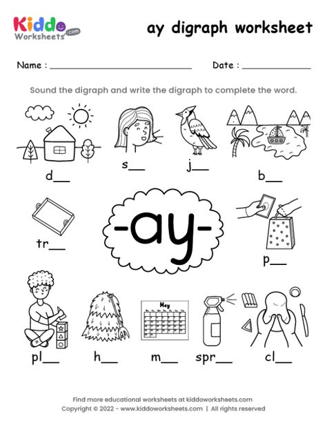 Free Printable ay digraph worksheet - kiddoworksheets Digraphs Kindergarten, Phonics Assessments, Digraphs Worksheets, Kids Handwriting Practice, Cvc Words Worksheets, Cvc Words Kindergarten, Kindergarten Phonics Worksheets, Phonics Free, Phonics Rules