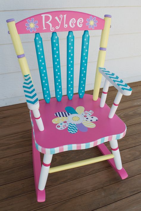 Hand Painted Whimsical Personalized Child Rocking Chair by hughese, $215.00 Toile Decor, Painted Rocking Chairs, Hand Painted Chairs, Kids Rocking Chair, Whimsical Painted Furniture, Childrens Rocking Chairs, Whimsical Furniture, Painted Chair, Auction Ideas