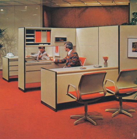 Steelcase 1975 | by Jeremy Jae Mcm Office, Steelcase Office, 80s Interior, Red Space, 70s Interior, Retro Interior Design, Space Dividers, Retro Office, Yellow Chair