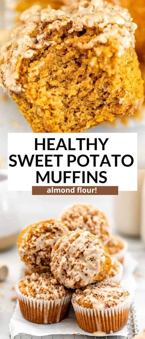 These gluten free sweet potato muffins are healthy, easy to make, dairy free and made with oat flour and almond flour. These sweet potato muffins have cinnamon streusel and a maple glaze. Sweet Potato Pumpkin Muffins, Muffins Easy Recipe, Healthy Sweet Potato Muffins, Brown Sugar Sweet Potatoes, Streusel Topping Recipe, Homemade Crackers Recipe, Healthy Sweet Potato, Gluten Free Sweet Potato, Potato Muffins