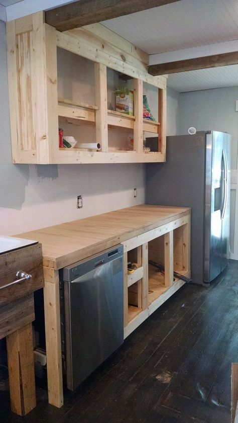 How to build your own kitchen cabinets with 2x4s and 1x4s and a little paint and hardware! Country kitchen, home made, diy, 2x4 Cabinets, White Country Kitchen, Old House Renovation, Preparing For Winter, Old Home Renovation, 100 Year Old Home, Old Houses Renovation, Country Kitchen Cabinets, Big Closets