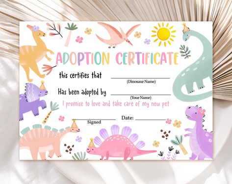 Adopt A Dinosaur, Dino Theme, Dinosaur Party Favors, Invitations Ideas, Adoption Certificate, A Dinosaur, Poster Designs, Theme Birthday, Dinosaur Party