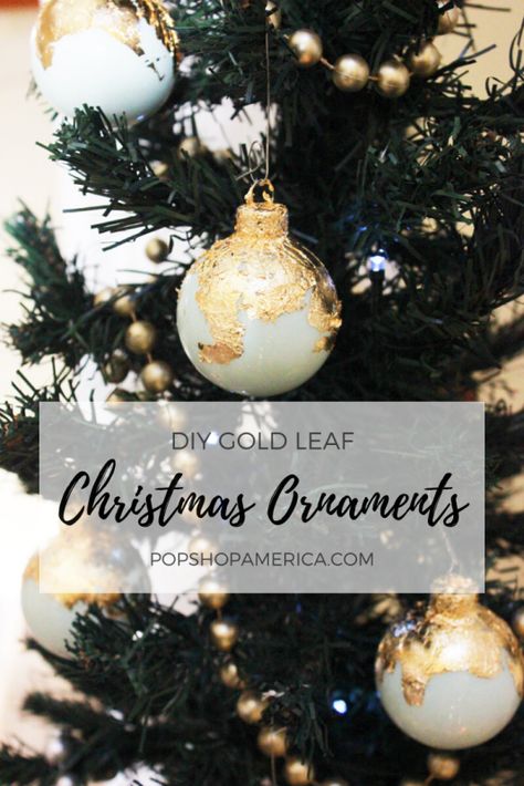 These DIY Christmas Ornaments are simple and gorgeous! Use glass ornaments and gold leaf to make them for yourself with Pop Shop America craft tutorial blog. Gold Leaf Ornaments, Diy Gold Leaf, Homemade Christmas Ornaments Diy, Natural Christmas Wreaths, Snowflake Template, Ornaments Tree, Diy Gold, Leaf Ornament, Felt Christmas Decorations