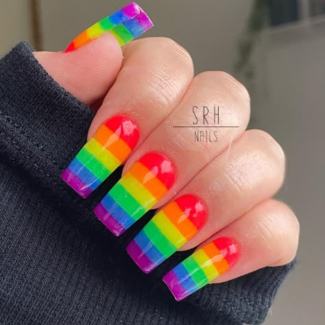 Rainbow Stripe Nails, Pride Ally Nails, Lgbt Nails Designs, Pride Acrylics, Pride Nails 2023, Nails Arcoiris, Pride Month Nails Acrylic, Pansexual Pride Nails, Pride Flag Nails