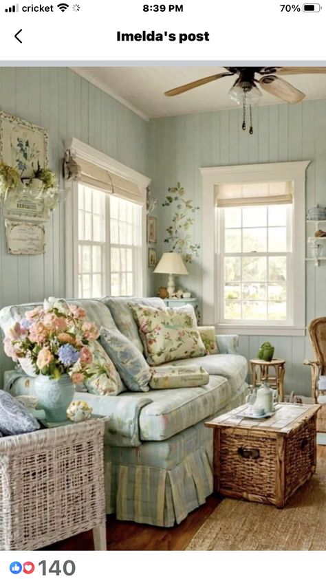 Sea Salt Bedroom Ideas, Colorful Cottage Interiors, Cottage Homestead, Neutral Decorating, Sherwin Williams Sea Salt, Granny Chic Decor, Cottage House Interior, Sea Salt Sherwin Williams, Colorful Cottage