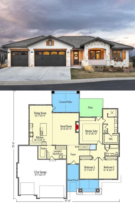 Craftsman Bungalow Floor Plans, Tuscan Architecture, Ranch House Designs, Open Living Space, Open Concept Layout, Tuscan Design, Country Craftsman, Ranch House Plan, Contemporary Cottage