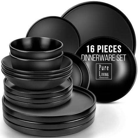 Matte Black Dinnerware Set - Ultra Chic Black Stoneware Dinnerware Sets for 4-16 pcs. Matte Black Plate Set - Dishwasher and Microwave Safe - Black Plates Ceramic and Bowls - Black Dishware… Black Dishware, Matte Black Dinnerware, Black Dinnerware Set, Ceramic Dish Set, Stoneware Dinner Sets, Dinnerware Set Modern, Plates Ceramic, Black Dinnerware, Plates And Bowls Set