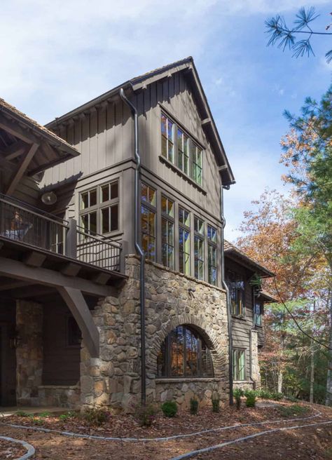 A warm and inviting European inspired house in the Blue Ridge Mountains Tudor House Exterior, Cedar Shake Roof, Rustic Lake Houses, Rustic Exterior, Cabin Exterior, Modern Mountain Home, Modern Mountain, Mountain Home, Mountain House