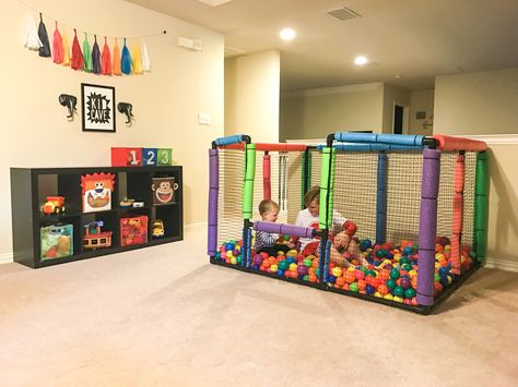 This is one of the best things I’ve ever invested in for my kids.. BOTH of them, an 11 year old and a 1 year old. I saw SO many online, but they just didn’t fit our… Diy Ball Pit, Ball Pit With Slide, Basement Playroom, Home Daycare, Sensory Room, Diy Event, Ball Pit, Toy Rooms, Organization Kids