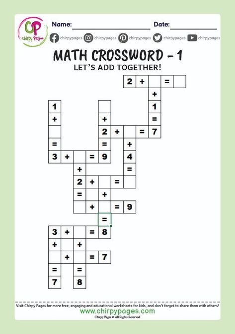 Math Crossword with one digit addition numbers for grade 1 and grade 2 children Math Puzzle For Grade 1, Cross Math Puzzle, Math For Grade 2 Free Printable, Middle School Math Puzzles Brain Teasers, Math Crossword Puzzles Free Printable, Cross Words Puzzle For Kids, Maths Crossword Puzzles, Math Games Grade 1, Math Crossword Puzzles