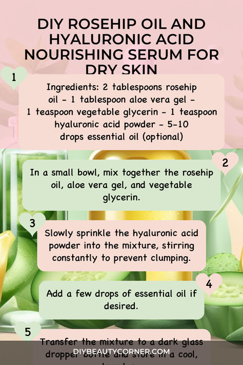 DIY Rosehip Oil And Hyaluronic Acid Nourishing Serum For Dry Skin Diy Hyaluronic Acid Serum, Hylarounic Acid Serum, Benefits Of Rosehip Oil, Rosehip Oil Benefits, Diy Serum, Essential Oils For Face, Serum For Dry Skin, Hydra Facial, Collagen Serum