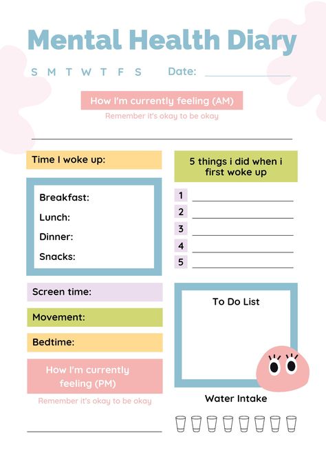 Mental Health printable template. Daily motivation. Reflection Journal. Journal Colorful, Daily Focus, Health Diary, Self Esteem Activities, Life Binder, Work Activities, Positive Habits, Beginner Workout, Kids Journal