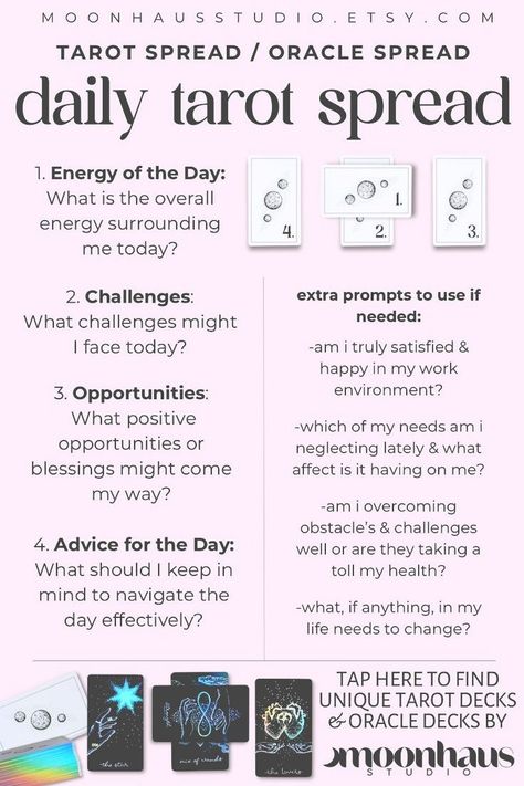 this daily tarot spread layout is a 4-card tarot spread / oracle spread reading that’s been carefully made for daily use. with easy tarot prompts & extra prompts (or journal prompts) if needed, this beginner-friendly daily tarot layout spread gives the overall themes, blessings, complications, and messages for the day. find the tarot decks & oracle decks created by MoonHaus Studio! Popular Tarot Spreads, First Of The Month Tarot Spread, December Tarot Spread, Business Tarot Spread, Future Tarot Spread, Daily Tarot Spreads, Tarot Prompts, Tarot Spreads Beginners, Tarot Journal Template