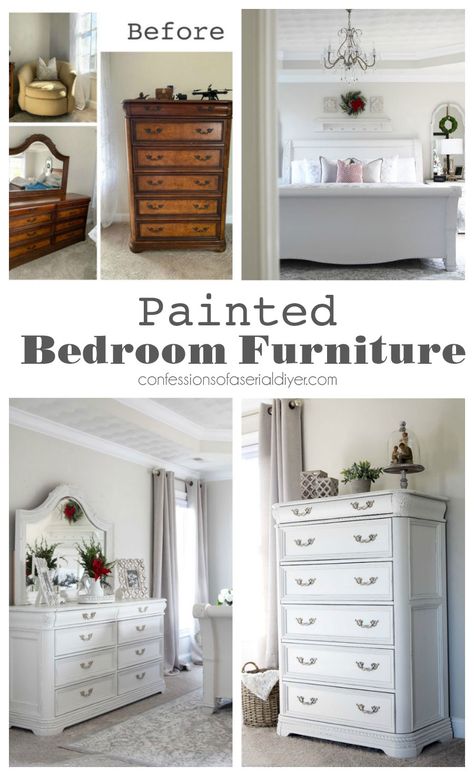 Painted Bedroom Furniture and bedroom makeover reveal. Confessions of a Serial DIYer Rustic Cabin Furniture, Painted Bedroom, Diy Furniture Makeover Ideas, Rustic Bedroom Furniture, Bedroom Furniture Makeover, Painted Bedroom Furniture, Bedroom Reveal, Wood Bedroom Furniture, Diy Furniture Renovation