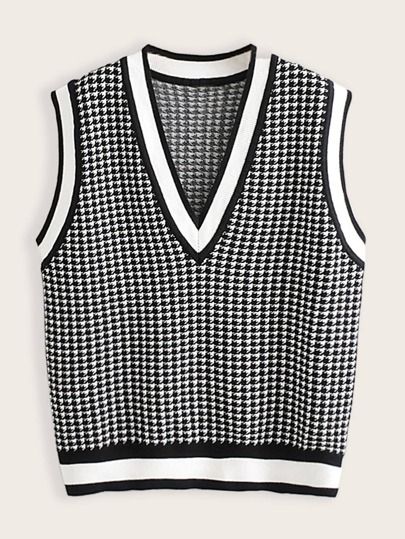 Houndstooth Sweater Vest, Houndstooth Sweater, Vest Tops, Sweater Vest Women, Knitted Vest, White Houndstooth, Loose Sweater, Knitted Tank Top, Knit Vest