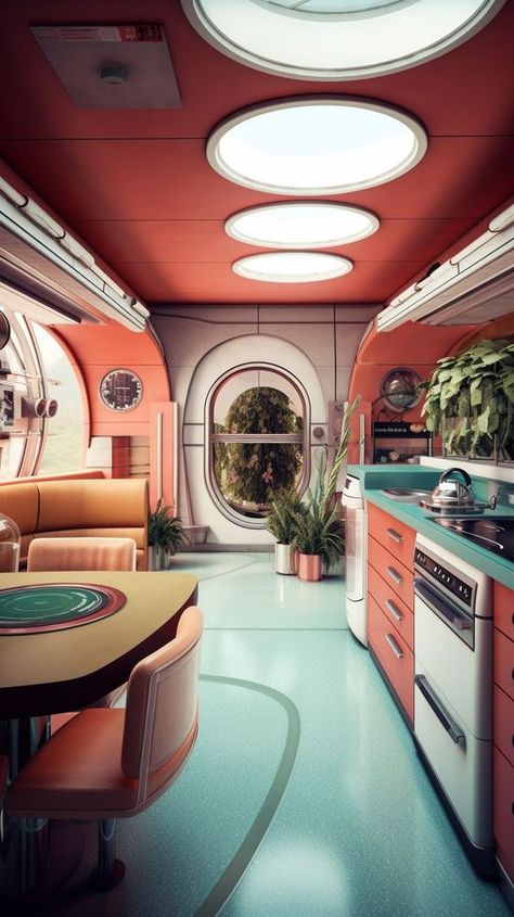 Retro Futurism Decor, Retrofuture Interior, Groove Aesthetic, Retro Futurism Interior Design, Futurism Interior Design, Retro Futurism Interior, Space Age Interior, Retro Futuristic Interior, Vintage Futurism