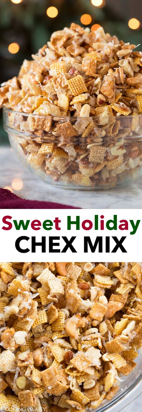 Sweet Holiday Chex Mix - this is a staple recipe at my house every Christmas season! It's perfect for gifts and parties, but be warned it's highly addictive! It's loaded with crunchy cereal, dotted with mixed nuts, and swirled with coconut. Then it's covered with an ooey gooey sweet and sticky coating. The best part - it couldn't be faster or easier to make. #chexmix #christmas #gift #treat #snack via @cookingclassy Microwave Chex Mix Recipes, Sweet Chex Mix Recipes Christmas, Chex Snacks, Popcorn Flavours, Christmas Chex Mix, Xmas Snacks, Sweet Appetizers, Chex Mix Recipes Sweet, Sweet Chex Mix