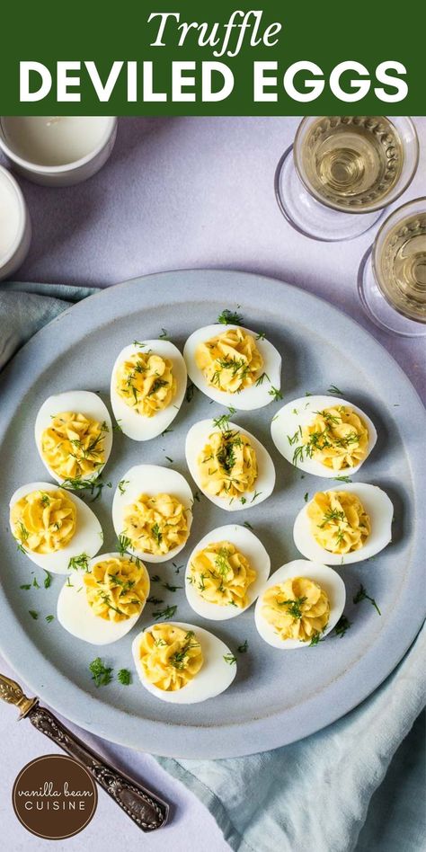 These Truffle Deviled Eggs combine everything you love about creamy deviled eggs with the earthy, decadent taste of white truffles. A perfect party appetizer! Truffled Deviled Eggs, Gluten Free Deviled Eggs, Fall Deviled Eggs, Truffle Deviled Eggs, Truffle Eggs, Creamy Deviled Eggs, Gourmet Deviled Eggs, Angel Eggs, Truffle Oil Recipes