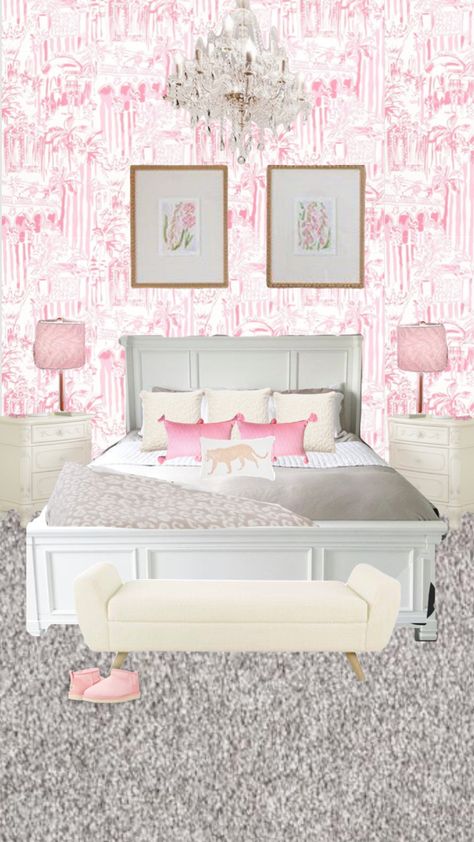 Preppy Room Tour, Preppy Pink Room, Preppy Room Aesthetic, Bedroom Wallpaper Accent Wall, Small Bedroom Ideas For Women, Room Preppy, Room Decor Preppy, Classy Rooms, Preppy Bedroom