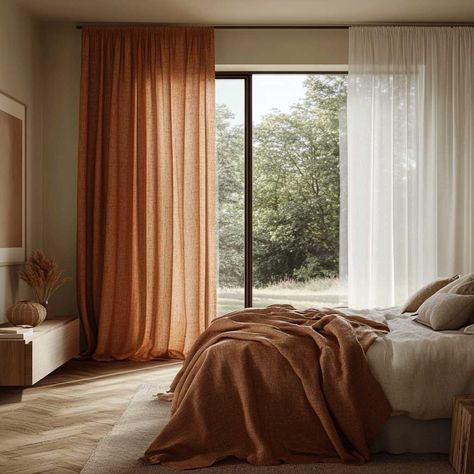 5+ Warm Curtain Ideas for Bedroom in Terracotta for a Cozy Retreat • 333+ Inspiring Lifestyle Ideas Terracotta Curtains Bedroom, Terracotta Curtains, Curtain Ideas For Bedroom, Brass Curtain Rods, Inspiring Lifestyle, Wrought Iron Bed, Built In Bed, Vintage Inspired Decor, Linen Bedroom