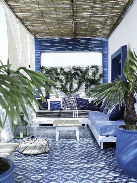 Boho chic patio space decorated in beauitful blues Garden Pagoda, Terrasse Design, Paint Trends, Painted Patio, Outdoor Living Rooms, Mediterranean Decor, Bougainvillea, Outdoor Rooms, Interior Inspo