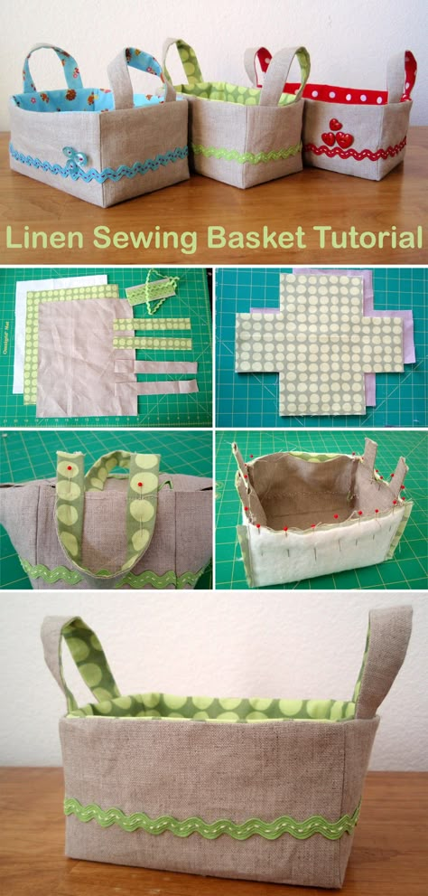 Fabric Basket Tutorial Free Pattern, Sewing Basket Pattern, Sewing Basket Ideas, Fabric Baskets To Sew, Diy Quilted Basket, Fabric Baskets Diy Free Pattern, Fabric Basket Diy, Large Fabric Basket, Linen Sewing