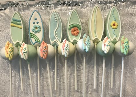 Surf Cake Pops, Beach Themed Cake Pops, Beach Cake Pops, Dog Retreat, Shaped Cake Pops, Surfboard Cake, Surfer Baby Shower, Cake Sicles, Beach Dessert