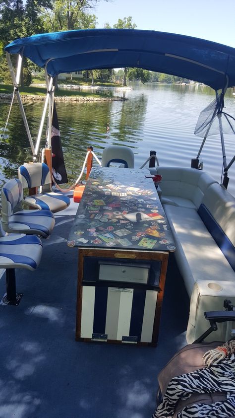 Bar-toon pontoon makeover Pontoon Makeover, Pontoon Makeover Ideas, Pontoon Boat Makeover Diy, Pontoon Party, Boat Console, Pontoon Boat Accessories, Rv Redo, Boat Interior Design, Boat Restoration