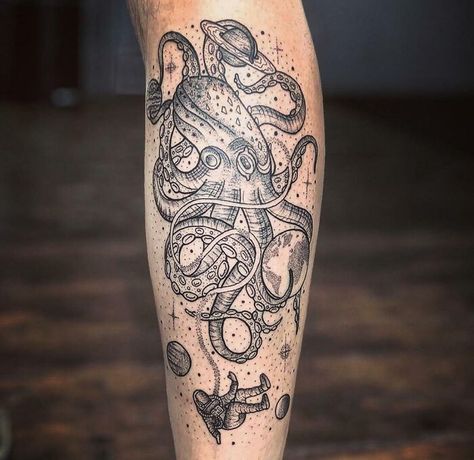 Octopus Space Tattoo, Octopus Elbow Tattoo, Space Octopus Tattoo, Space Kraken, Tattoo Astronaut, Physics Tattoos, Whimsical Octopus, Space Tattoo Ideas, Tentacle Tattoo