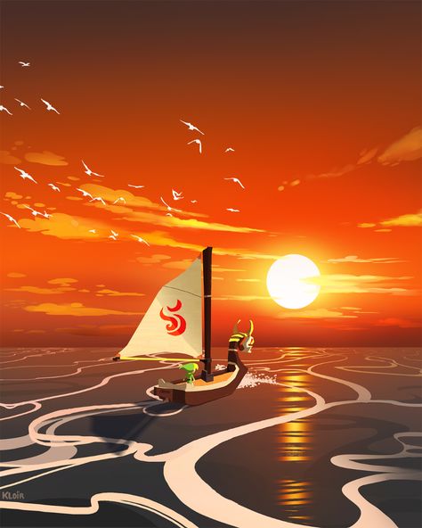 Wind waker Sunset by kloir on DeviantArt Haki One Piece, Sunset Sailing, The Wind Waker, Linocut Printmaking, Link Zelda, Wind Waker, Zelda Art, Ocarina Of Time