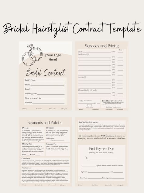 As a makeup artist and hairstylist, I had a difficult time finding a contract that included enough information and space to use for my business. After researching and looking at MANY different contracts, I was able to create a well-organized, detailed Bridal Contract that you can customize to your own business. I spent weeks making this contract for my own business, and I wish I could have purchased it on here so that is exactly why I am posting it! This contract is a digital file that will be s Bridal Contract, Makeup Contract, Salon Marketing Social Media, Bridal Hairstylist, Pink Business Card, Bridal Business, Makeup Artist Business, Price List Template, My Own Business