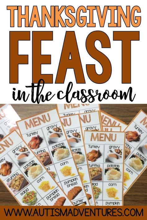 Thanksgiving feast classroom preschool ideas. Free visual menu recipe for a thanksgiving feast in a special education classroom Preschool Thanksgiving Feast, Classroom Thanksgiving Feast, Classroom Thanksgiving, Preschool Food, Communication Boards, Fall Classroom Ideas, Thanksgiving Activities Preschool, Classroom Preschool, Preschool Thanksgiving