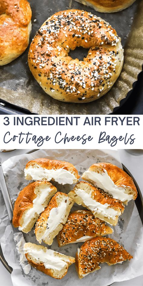 You can make protein bagels right at home with just 3 simple main ingredients. These bagels have 10 grams of protein each and are made with cottage cheese, flour, and baking powder. They come together quickly and can be made in the air fryer or oven. Great for breakfast or lunch any day of the week! Customize the toppings or make them gluten-free! Cottage Cheese Bagels, Air Fryer Bagels, Cheese Air Fryer, Protein Bagels, Cottage Cheese Recipes Healthy, Queso Cottage, Cheese Bagels, Desserts Keto, Cottage Cheese Recipes