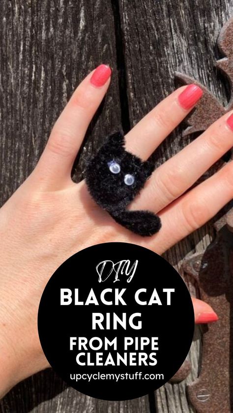 Make a cute black cat pipe cleaner ring as part of your Halloween arts and crafts line-up! Perfect for fun fall crafts and October crafts, this DIY project is easy and engaging for kids. Whether for home school crafts or Halloween crafts preschool, this fall craft idea is a fantastic way to celebrate the season. Get crafty and enjoy the Halloween fun! Check out the other pipe cleaner crafts on upcyclemystuff.com. Halloween Clothespin Crafts, Halloween Crafts Pipe Cleaners, Pipe Cleaner Crafts For Kids Halloween, Halloween Pipe Cleaner Crafts For Kids, Halloween Cat Craft, Pipe Cleaner Halloween Crafts, Halloween Pipe Cleaner Crafts, Spooky Crafts For Kids, Spooky Crafts For Adults