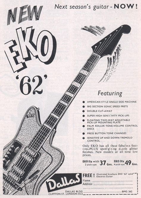 Eko '62 (1962) Guitar Stand Ideas, Guitar Graphic Design, Hubert Sumlin, Music Advertisement, Race Aesthetic, Guitar Poster, Retro Guitar, Guitar And Amp, Old Guitar