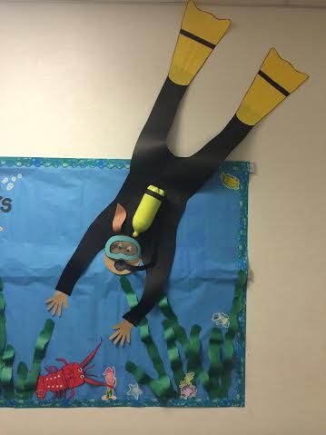 Scuba Diver bulletin board Deep Sea Discovery Vbs, Submerged Vbs, Ocean Vbs, Beach Window, Blue Hallway, Homecoming 2024, August Themes, Ocean Classroom, Gifted Students