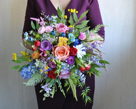 Jewel Tone Bouquet Colorful Wedding Bouquet Orange Hot Pink - Etsy Bridal Bouquet Wildflower, Jewel Tone Bouquet, Wedding Bouquet Orange, Bright Wedding Bouquet, Bouquet Wildflower, Blue Bridal Bouquet, Wildflower Bridal Bouquets, Bouquet Colorful, Rainbow Bouquet