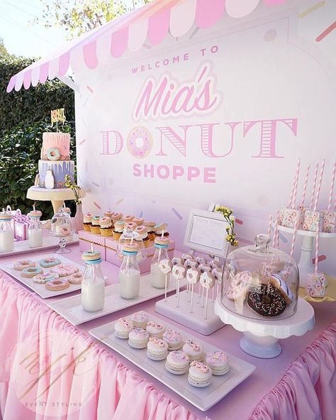 Donut Dessert Table from a Donut Shoppe Birthday Party on Kara's Party Ideas | KarasPartyIdeas.com (10) Donut Birthday Party Food, Donut Party Centerpieces, Ohhh Twodles, Donut Dessert Table, Donut First Birthday Party, Donut Birthday Party Decorations, Donut Party Ideas, Donut Theme Party, Doughnut Party