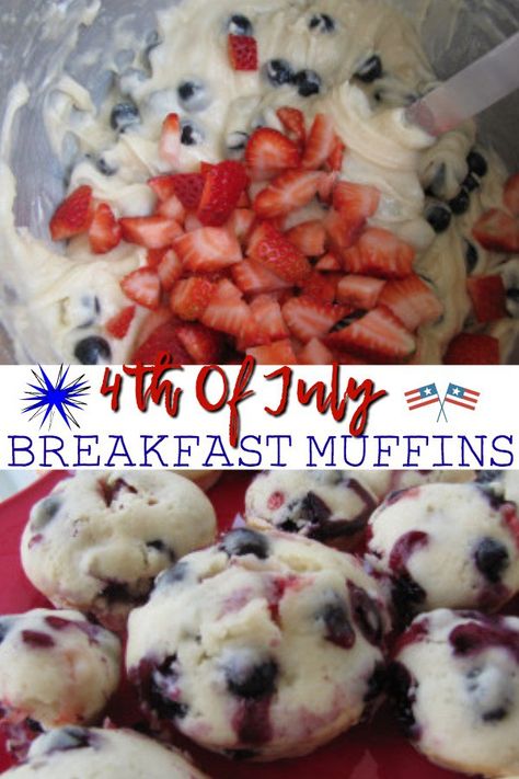 4th Of July Breakfast Muffins #4thofjuly #muffins #strawberries #blueberries #patriotic Fourth Of July Breakfast, 4th Of July Breakfast, Blueberries And Strawberries, Muffins Breakfast, 4th Of July Desserts, Strawberries Blueberries, Recipe Breakfast, Fourth Of July Food, Breakfast Muffins