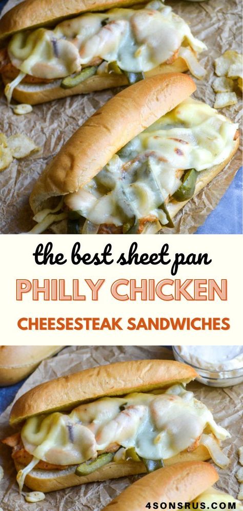 Sheet pan Philly cheesesteak sandwiches are an easy, less than 30 minute meal. This healthy, oven-baked version of Philly’s infamous sandwiches will have your family begging for seconds. Sheet Pan Chicken Philly Cheesesteak, Healthy Chicken Philly Cheesesteak, Healthy Chicken Philly, Chicken Philly Sandwich Recipe, Sheet Pan Chicken Philly, Chicken Philly Recipe, Homemade Chicken Philly Cheesesteak, Oven Baked Sandwiches Recipes, Easy Chicken Philly Cheesesteak