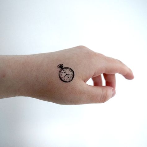 Tiny Temporary Tattoo - Pocket Watch, Vintage, Spring, Black, Illustration, SET OF 4 Tatto Clock, Clocks Tattoo, Best Wrist Tattoos, Pocket Watch Tattoo Design, Watch Tattoo Design, Hand Tattoo Designs, Pocket Watch Tattoos, Clock Tattoo Design, Black Illustration