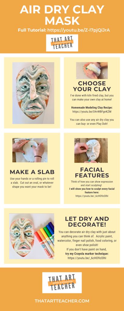 Homemade Air Dry Clay Mask – THAT ART TEACHER Air Dry Clay Mask, Crayola Air Dry Clay Projects, Homemade Air Dry Clay, Clay Mask Art, Modeling Clay Recipe, Crayola Air Dry Clay, Make Your Own Clay, Clay Lesson, Art Handouts