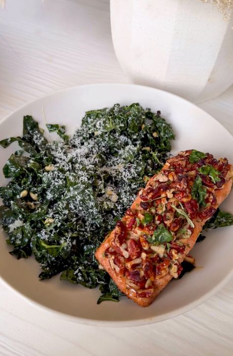 Everything Delish | Food, Travel, Lifestyle Kale Salad With Shrimp, Salmon Kale Bowl, Stardew Wedding, Parmesan Kale Salad, Everything Delish, Salad Salmon, Honey Salmon, Kale Salad Recipes, Fried Salmon