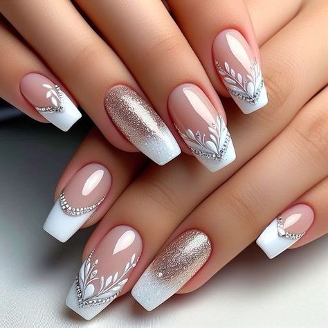 Bridal Nails Designs, Fancy Nails Designs, Pretty Nail Art Designs, Pretty Nail Art, Nail Designs Glitter, Bridal Nails, Floral Nails, Fancy Nails, Nude Nails