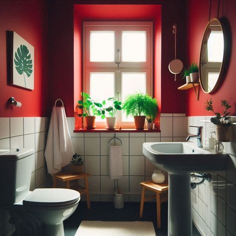 Red Bathroom Red Bathroom Aesthetic, Red Powder Room, Red Bathroom Ideas, Red Bath Mat, Red Bathroom Decor, Red Shower Curtains, Red Artwork, Red Bathroom, Red Towels