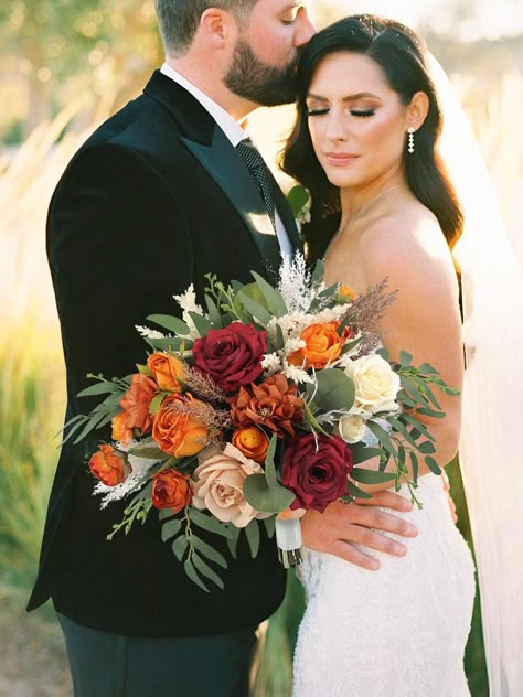 Rust And Orange Wedding, Simple Wedding Bouquet Wildflowers, Rustic Wedding Flowers Bouquet Orange, Rust Burgundy Wedding Flowers, October Wedding Bouquets Color Schemes, Dried Orange Burgundy Flowers, Bootnearis With Burggendy Burnt Orange Forest Green And Mustard Yellow In If, Rust Flower Bouquet, Fall Wedding Poses