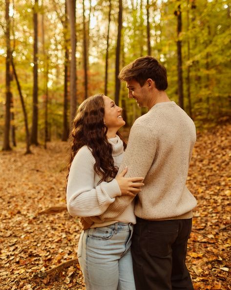 I got to capture photos of Gabriella and Bryce today and it was such a sweet way to end my East coast trip🍂🍁 currently looking at tickets to come back next fall because it truly was so so beautiful running through the woods and watching the leaves change colors🧡 . . #carolinaphotographer #northcarolinaphotographer #charlestonweddingphotographer #charlestonphotographer #charlottewedding #charlottephotographer #eastcoastweddingphotographer #pnwweddingphotographer Fall Photos With Boyfriend, Couple Poses With Height Difference, Couple Photos In The Woods, February Couple Photoshoot, Big Height Difference Couple Photos Aesthetic, Fall Couples Poses, Winter Couples Outfits, Couples Photoshoot Poses Fall, Christmas Couple Pictures Professional