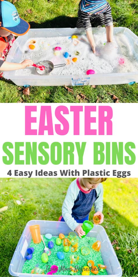 Fun Easter Sensory Bins for toddlers.  These Easter sensory bin activities are quick to set up and will keep your toddler or preschooler entertained at home and learning! Easter Sensory Bin, Sensory Bin Activities, Activities For 2 Year, Easter Sensory, Easter Activities For Toddlers, Sensory Play Activities, Toddler Sensory Bins, Color Rice, Baby Sensory Play