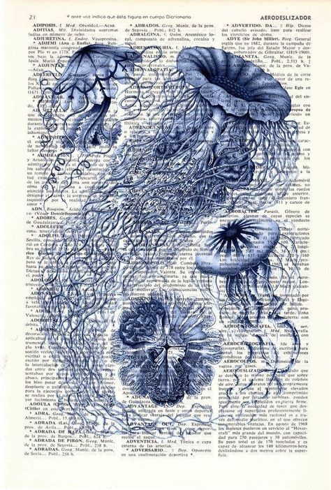 Beach Wall Collage, Printable Wall Collage, Jellyfish Print, Blue Art Print, Book Page Art, Blue Art Prints, Blue Poster, Print Decor, Arte Sketchbook